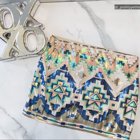 EXPRESS xs Southwest Sequins metallic Aztec Tribal Mini Skirt Women's - Picture 11 of 13